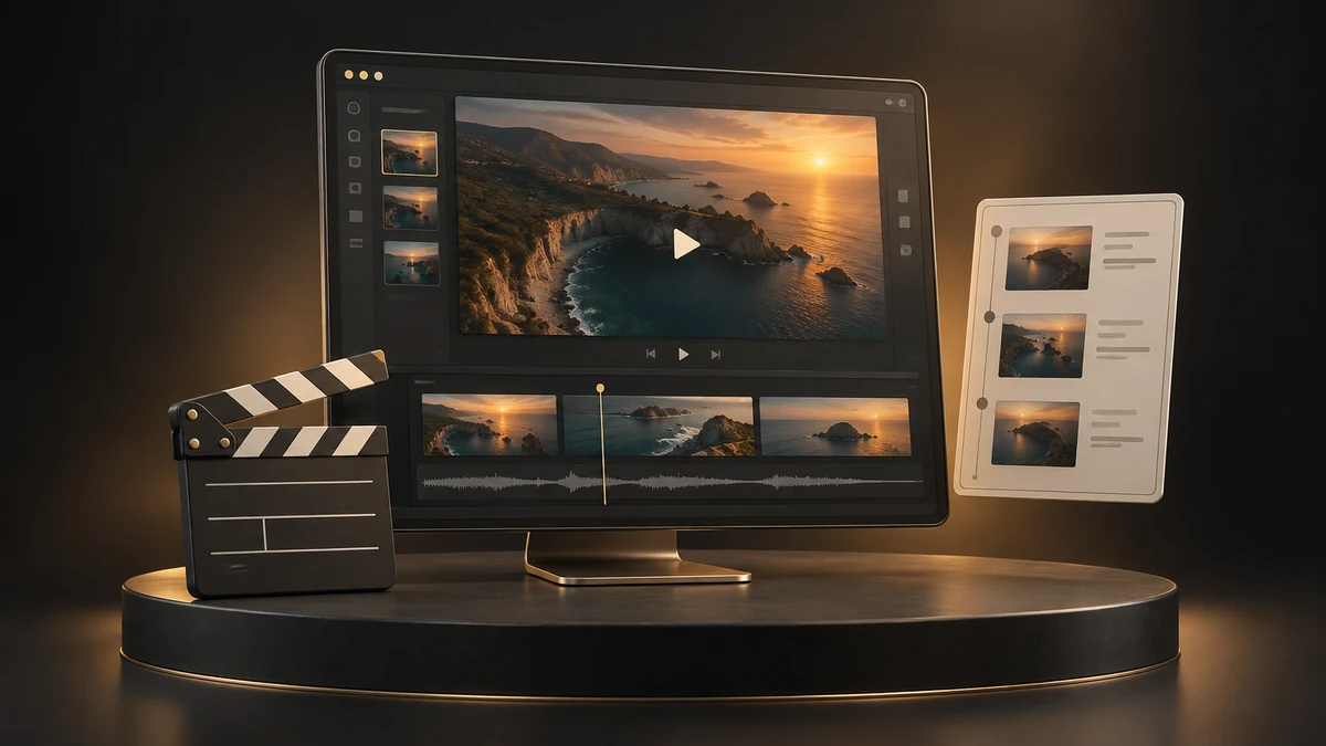 Ilustrație 3D a unui editor video cu storyboard, previzualizare și cronologie
