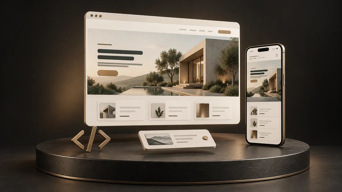 Ilustrație 3D a constructorului de website-uri, cu previzualizări pe desktop și telefon